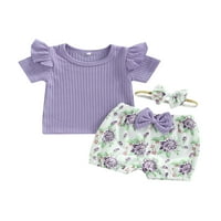 GUREUI Toddler novorođenčad za dijete ljetne odjeće, majica s kratkim rukavima od pune boje + kratke hlače za cvjetne hlače + set odjeće za glavu
