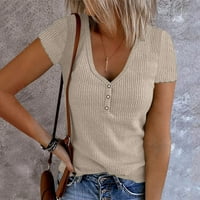 Smanjite žensku tipku s kratkim rukavima V izrez rebraste pletene košulje vrhunskog Henley Solid Color Casual Slim Fit majica