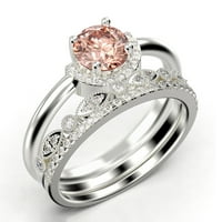 Bajk minimalisti 2. Carat Round Cut morgatit i dijamantski vjenčani prsten za angažman prsten, dva podudarna traka u srebru u boji sa običnim rukom od bijelog zlata za nju