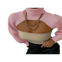 Ženska modna turtleneck dugačak dugi puff rukav pleteni odjeća pulover gornji dio ultra kratki obrezirani