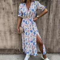 Womens V-izrez cvjetni print Maxi haljina Ljetna kratka rukava plaža Sundurs bijeli m
