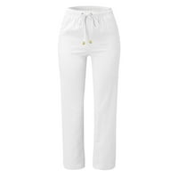 Huaai Capri pantalone za žene ravne čvrste elastične strugove dugim posteljinskim posteljinom žene pamučne casual hlače bijeli xxl