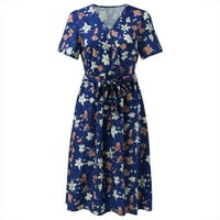 Žene Ljeto kratki rukav cvjetni print V izrez Maxi tanka haljina s remenom Ljetne haljine sa džepovima