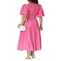 Biayxms Ženska ljetna casual maxi haljina od pune boje kratki rukav V izrez Nasledrane haljine Line