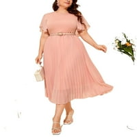 Ženska elegantna ravnica koralj ružičasta okrugla vrat a linija kratkih rukava plus veličina haljina
