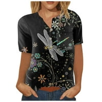 Hanas Tops Ladies Ljetni Henley majice, V-izrez Leptir i cvjetni tisak Tee, Ležerne prilike kratkog