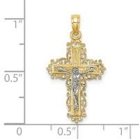 Čvrsta 14k bijela i žuta zlatna dva tonirana teksturirana čipkasti obloge križa Crocifi Charm Privjesak