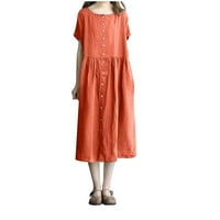 Ljetna haljina za ženske ležerne pamučne posteljine labave kratkih rukava okruglica s kratkim rukavima