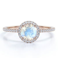 1. Carat okrugli rez plavi mjesec i moissanite halo zaručnički prsten u 18K ružom zlato preko srebra