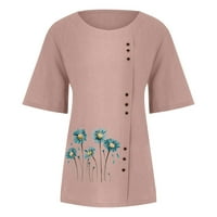 Zkozptok ženski pamučni posteljini Plus size Ljeto cvjetno cvjetno ispis Crew bluze za vrat kratkih