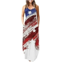 Bvnarty Ženska patriotska nezavisnost Maxi duge haljine bez rukava modne haljine zvijezde prugasti ispis