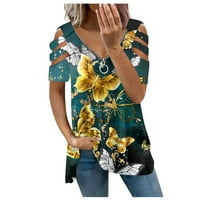 Ženski bluze Ženski modni casual labav ispis kratki rukav V-izrez patentni zatvarač s gornjim ramenom