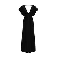 Ženske haljine kratki rukav maxi modni čvrsti a-linijski V-izrez ljetna haljina crna 3xl