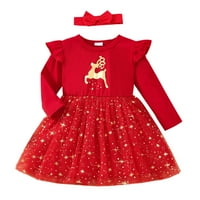 Dječja djevojka haljina Toddler Božićni dugi rukav Cartoon Deer Prints Tulle Princess Trake za glavu postavljene su 3 mjeseci
