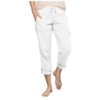 Ženske ležerne elastične struke hlače za vuče ravne pamučne pantalone sa tač za tač za tač bijele m
