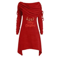 Bvnarty Fashion Ženski božićni casual dugih rukava natkrivena kožnica za crtanje od tiskane haljine crvene s