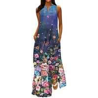 Ženska haljina nova proljeća i ljetna moda klasična boja V-izrez za tisak bez rukava duga haljina, kraljevska plava, xxxxl