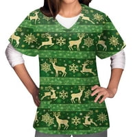 Scrub_Tops za žene Božićne jelene Print kratkih rukava V košulje s izrezom Radna uniforma bluza sa džepovima