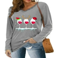 Ženska božićna vinska stakla Print dugih rukava pulover xmas bluza plus veličina