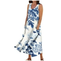 Ljetne haljine za žene tiskane dužine gležnja sunčeve haljine bez rukava casual srušena V-izrez plave