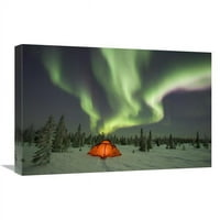 in. sjeverne svjetlo ili aurora Borealis preko osvetljenog šatora, boreal šuma, Sjeverna Amerika Art