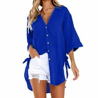 Plus majice za ženske posteljine otvorenog prednjeg gumba dolje V bluza s rukavima za vrat plaža na