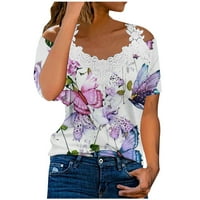Ljetni vrhovi ženske majice cvjetni čipkasti patchwork breme hladnog ramena TEE labavi kratki rukav