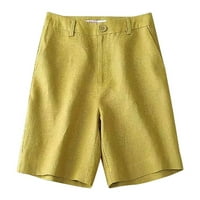 Posteljine hlače Elastična prozračna labava pamučna i posteljina duljine hlače hlače ženske šorc sa džepom poliesterskih žuta