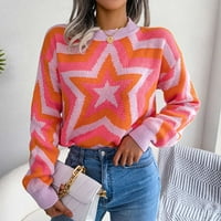 Dahyich ženska zvezda grafički pleteni džemper s dugim rukavima Crewneck džemper pad pulover naranče