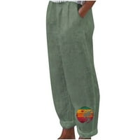 Jyeity Fall ušteda, labavi pamučni i posteljini džep printtrouseri hlače karirane hlače za žene zelene