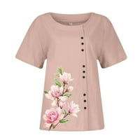Gotyoou ženska vintage lana majica, cvjetni pulover za print Crew, majica kratkih rukava majica ružičasta