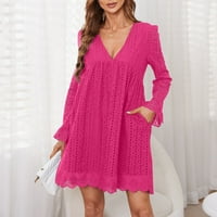 Gotyoou Ženski izrez ruffle džep s dugim rukavima od punog rukava s mini haljinom vruće ružičaste L