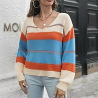 Ženski trendy dugih rukava s prugama u boji pleteni džemperi Ležeran ugodan V izrez Lagani labavi pulover