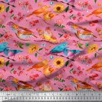Soimoi Pink Rayon Crepe tkanina Dot, suncokret i američki robin ptica za štampanje tkanine uz dvorište