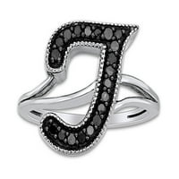 Karat Početna abeceda l okrugli rez crni prirodni dijamantni početni prsten u 14k bijelo zlato preko sterlinga srebrne veličine srebrne boje- 10