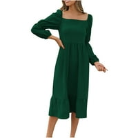 Žene udobne haljine - modne jesenske haljine kvadratni vrat čvrsti dugi rukavi šifon haljina zelena