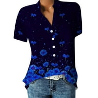 Žene vrhovi Henley casual bluza Cvjetne žene Ljetne majice kratkih rukava Plavi s
