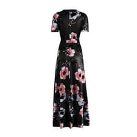 Ljetne haljine za ženska posada vrata Dužina gležnja slatka A-line cvjetni kratki rukav datur crna crna