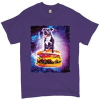 TEE Hunt Pit Bull Vožnja burgerom koji leti kroz Galaxy majicu Funny Pet Muški čaj, ljubičasta, velika
