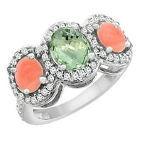 14k bijelo zlato prirodni zeleni ametist i koralj 3-kameni prsten ovalni dijamant naglasak, veličina 6.5