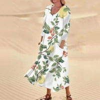 Strungten ženska casual udobnog cvjetnog ispisa Tri četvrtine rukava pamučna džepa haljina za žene