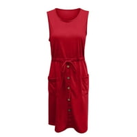 Ženski vrhovi Dressy Ležerni odmor Okrugli izrez Strappy dugme Pocket Swing maxi haljina crvena s