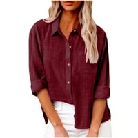 Ženske vrhove Trendi ljeto pamučne posteljine dugih rukava košulja na boji, gumb u boji V V izrez labava bluza Ležerne prilike, na vrhu tunike sa džepom Vino B 4XL: 16