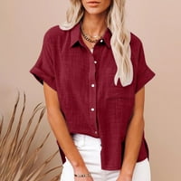 Plus veličina posteljina majica dolje za žene obična radna bluza okupljala VRET kratki rukav ljetni vrhovi sa džepom