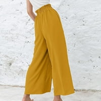 Široke pantalone za žene, joga hlače sa džepovima, povremene pamučne pamučne posteljine nacrtajuće elastične struke duge širine nogu žute m