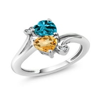 Gem Stone King Sterling Srebrna srčana oblika London Blue Topaz žuti citrinski dvostruki srčani prsten