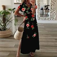 Ženske haljine s kratkim rukavima dugačak casual maxi cvjetna V-izrez ljetna haljina crna 3xl