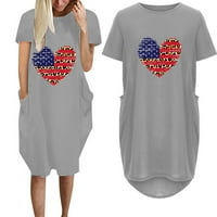 Ženske ljetne haljine zastava tiskane casual majica kratkih rukava s džepovima sa džepovima okrugla vrata labava duljina koljena Dress Grey XXL
