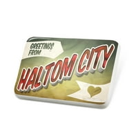 Porcelein PIN pozdrav iz Haltom City, vintage razglednica remel značka - Neonblond