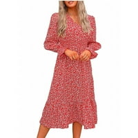 Haljine za prodaju čišćenja za žene s dugim rukavima Cvjetni uzorak Hladni uzorak V-izrez ruffle midi